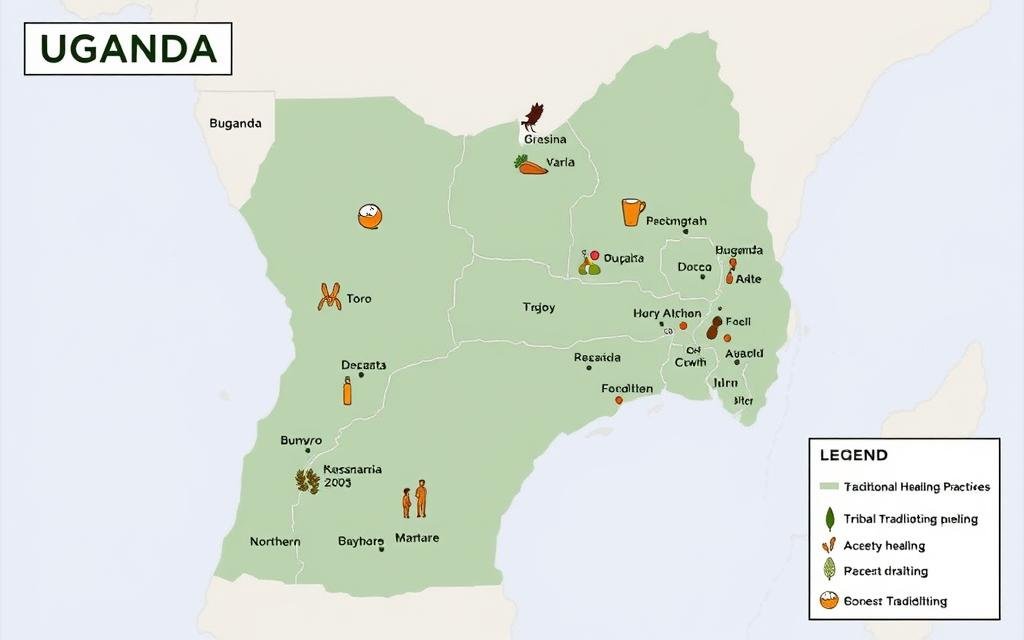 Map showing different regions of Uganda known for distinct traditional healing practices
