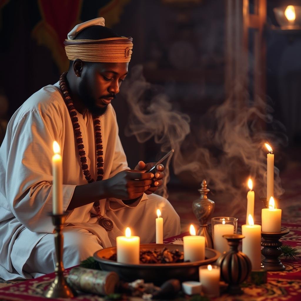 Marriage spell ritual being performed with traditional African elements