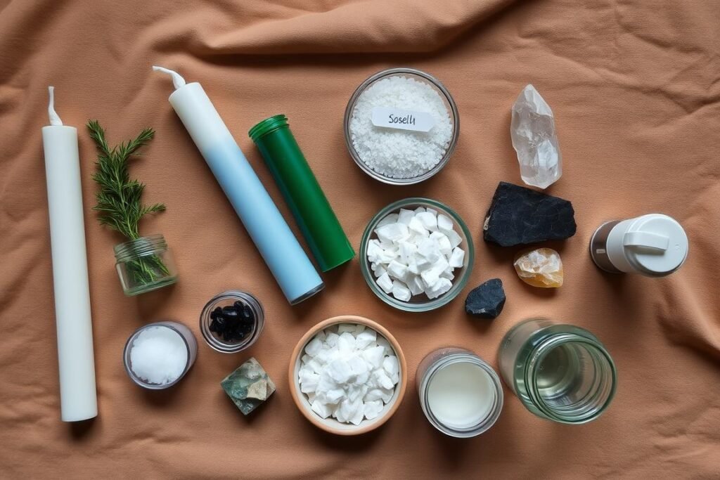 Materials laid out for a protection spell for business and family