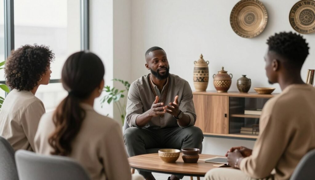 Modern African spiritual healer consulting with client in urban setting