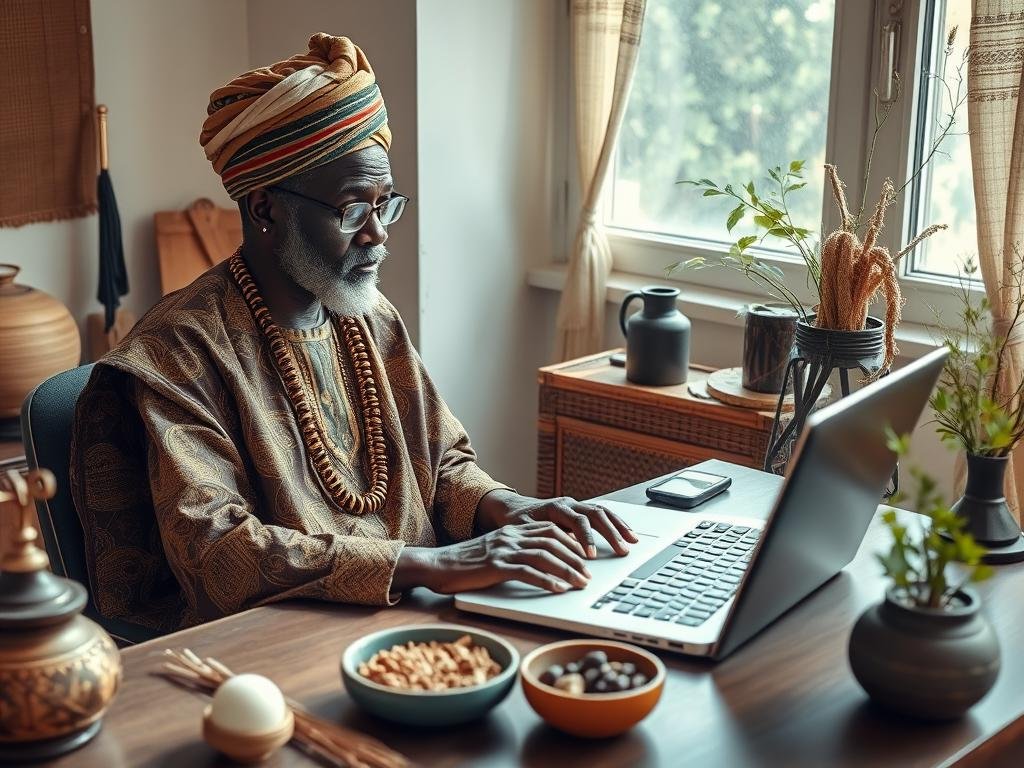 Modern African spiritual practitioner using technology for distance consultation
