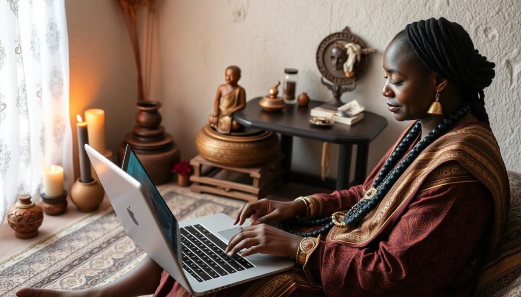 Modern African spiritual psychic using technology during a remote consultation