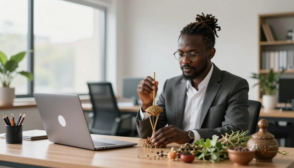 Modern American entrepreneur connecting with traditional African spiritual practices