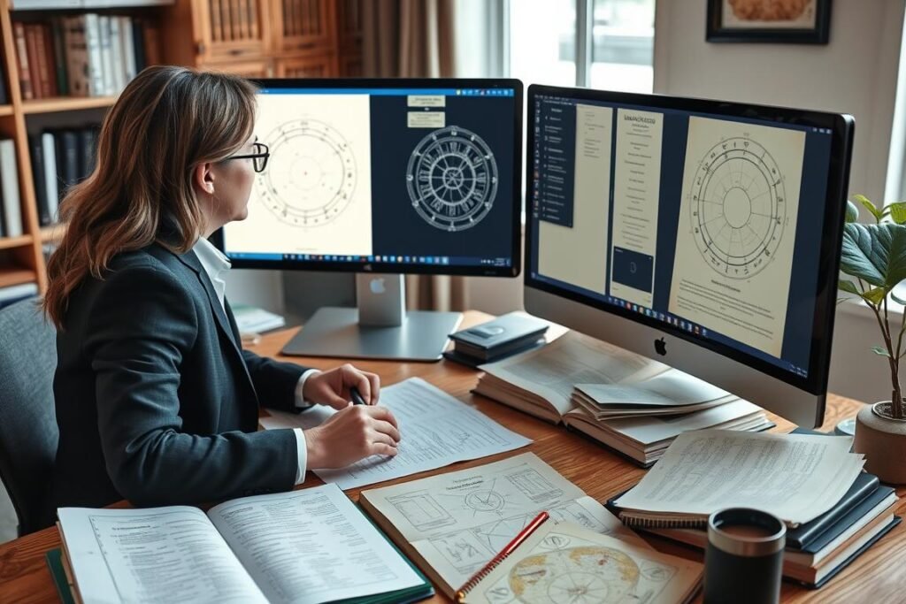Modern astrologer using both traditional charts and computer software for spiritual rituals