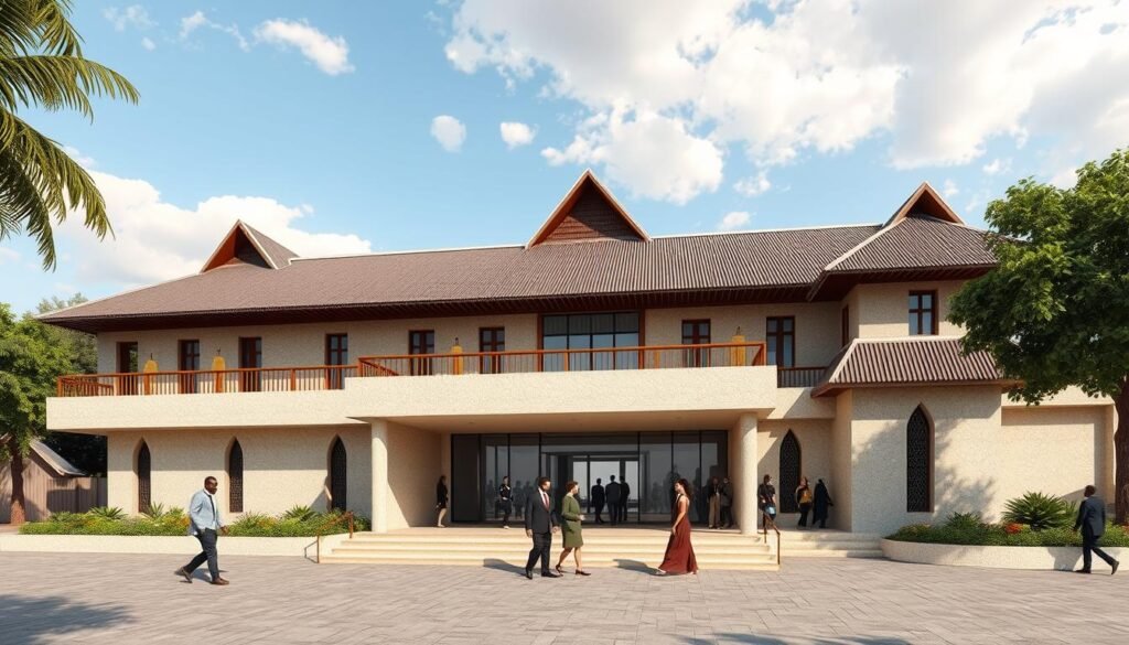 Modern courthouse in Africa with traditional design elements