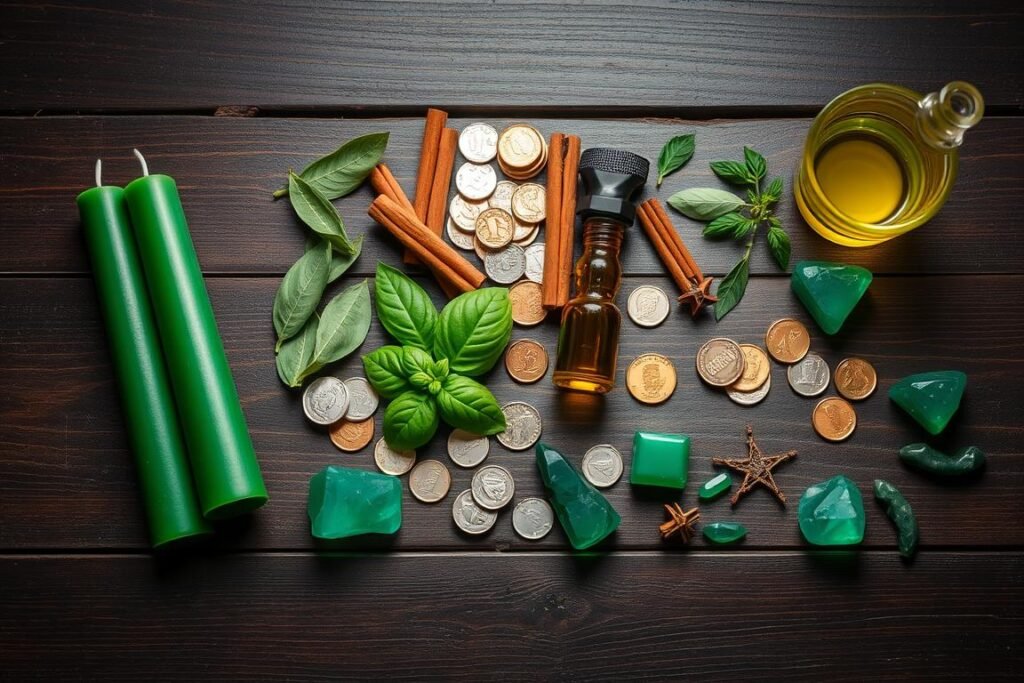 Money spell ingredients laid out including green candles, herbs, coins, and crystals