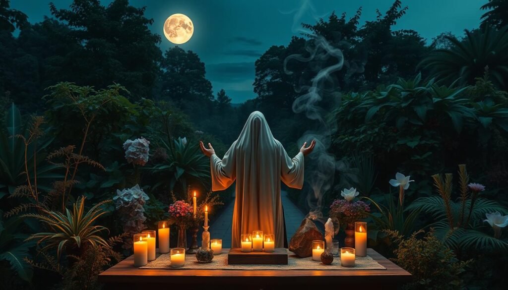 Moonlit altar with candles, crystals, and flowers prepared for a consent-focused ritual