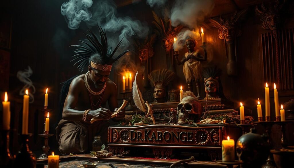 Mysterious voodoo ritual unfolding in a dimly lit room, flickering candles casting eerie shadows. In the foreground, a shaman in traditional garb carefully arranging bones, feathers, and herbs on an ornate altar emblazoned with the name "Dr Kabonge". Thick smoke from smoldering incense drifts upwards, obscuring the background which is filled with ominous voodoo dolls and ancient tribal masks. The mood is one of ancient mysticism, power, and the unseen forces of the supernatural.