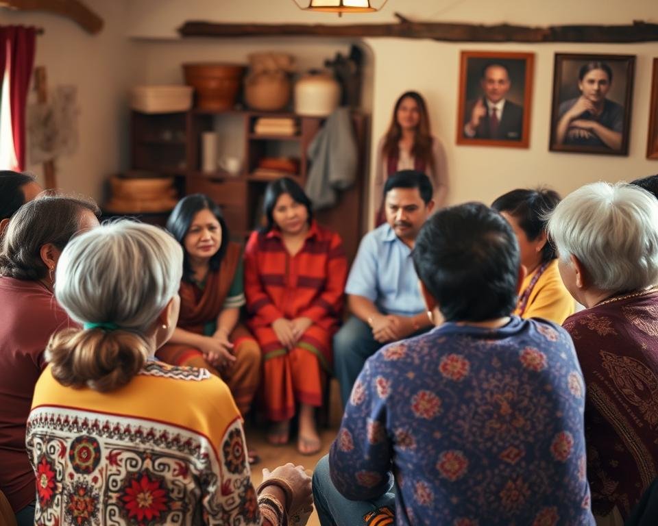 People sharing experiences in a community gathering focused on spiritual traditions
