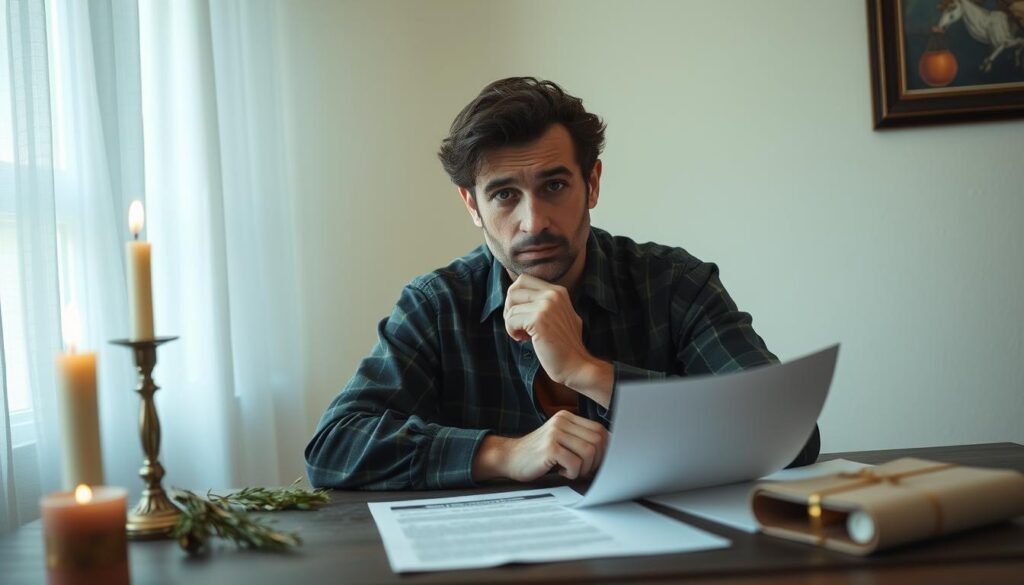 Person contemplating ethical aspects of Court Cases Solving Spell