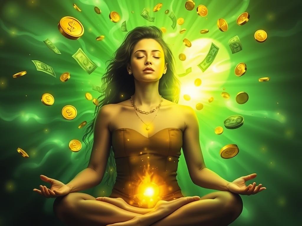 Person meditating with money symbols and energy flowing around them, representing money spell manifestation