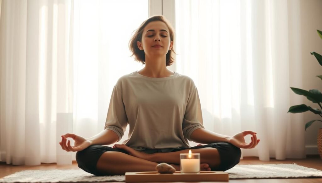 Person performing a morning meditation ritual with candles and incense