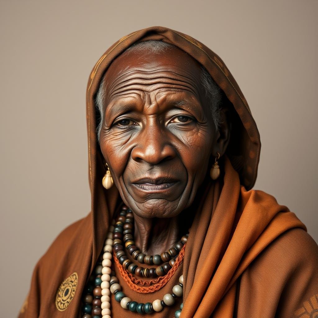 Portrait of a respected African spiritual psychic in traditional attire