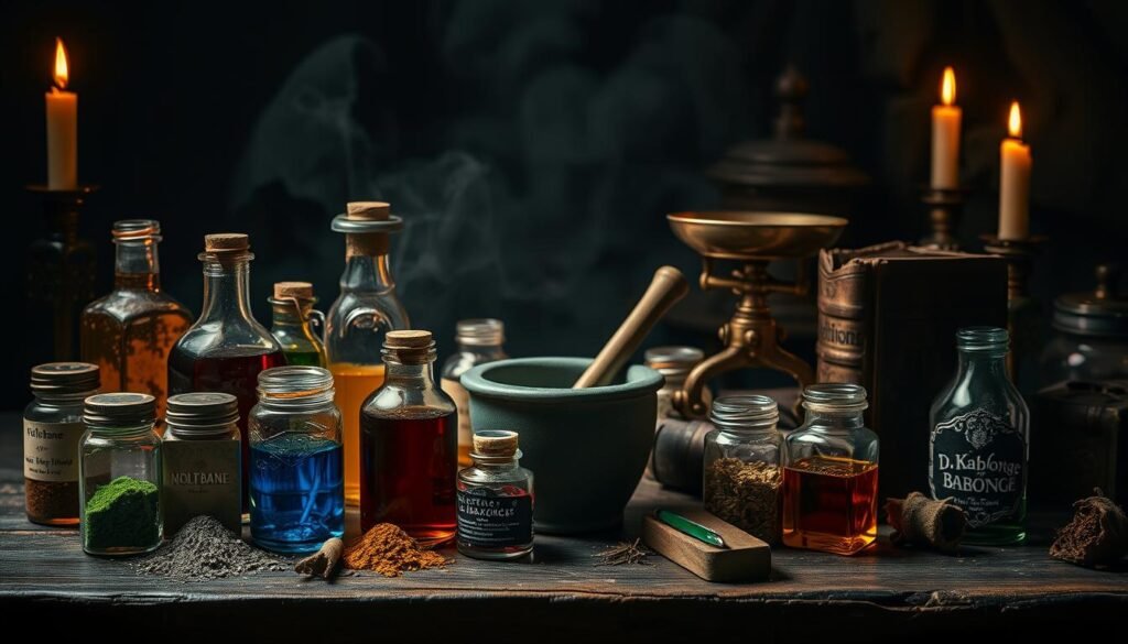 Potion ingredients arranged on a dark, wooden table. In the foreground, a variety of jars and vials filled with colorful liquids, powders, and herbs, like wolfsbane, nightshade, and Dr Kabonge's proprietary elixir. In the middle ground, a mortar and pestle, an antique brass scale, and a worn, leather-bound tome. The background is dimly lit, casting dramatic shadows and creating a mystical, otherworldly atmosphere. Warm candlelight flickers, casting a golden glow over the scene. The overall mood is one of intrigue, magic, and the allure of the unknown.