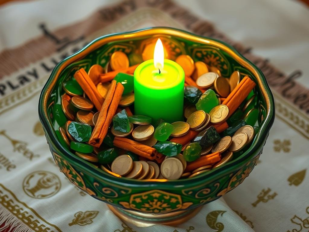 Prosperity bowl filled with coins, crystals, and herbs for a Money Spell To Make You RICH