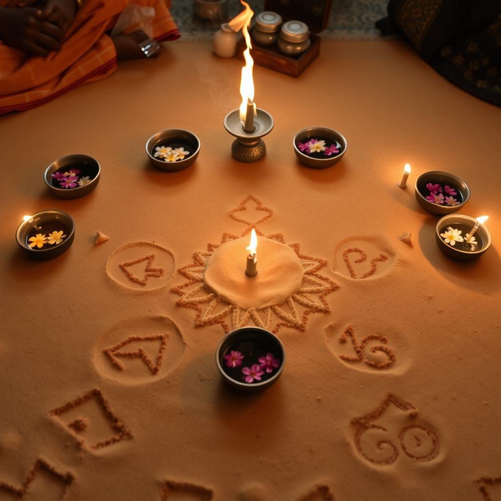 Ritual setup for obstacle removal spell with protective symbols