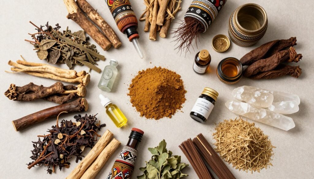 Sacred herbs, roots, and natural ingredients used in business boosting spell rituals