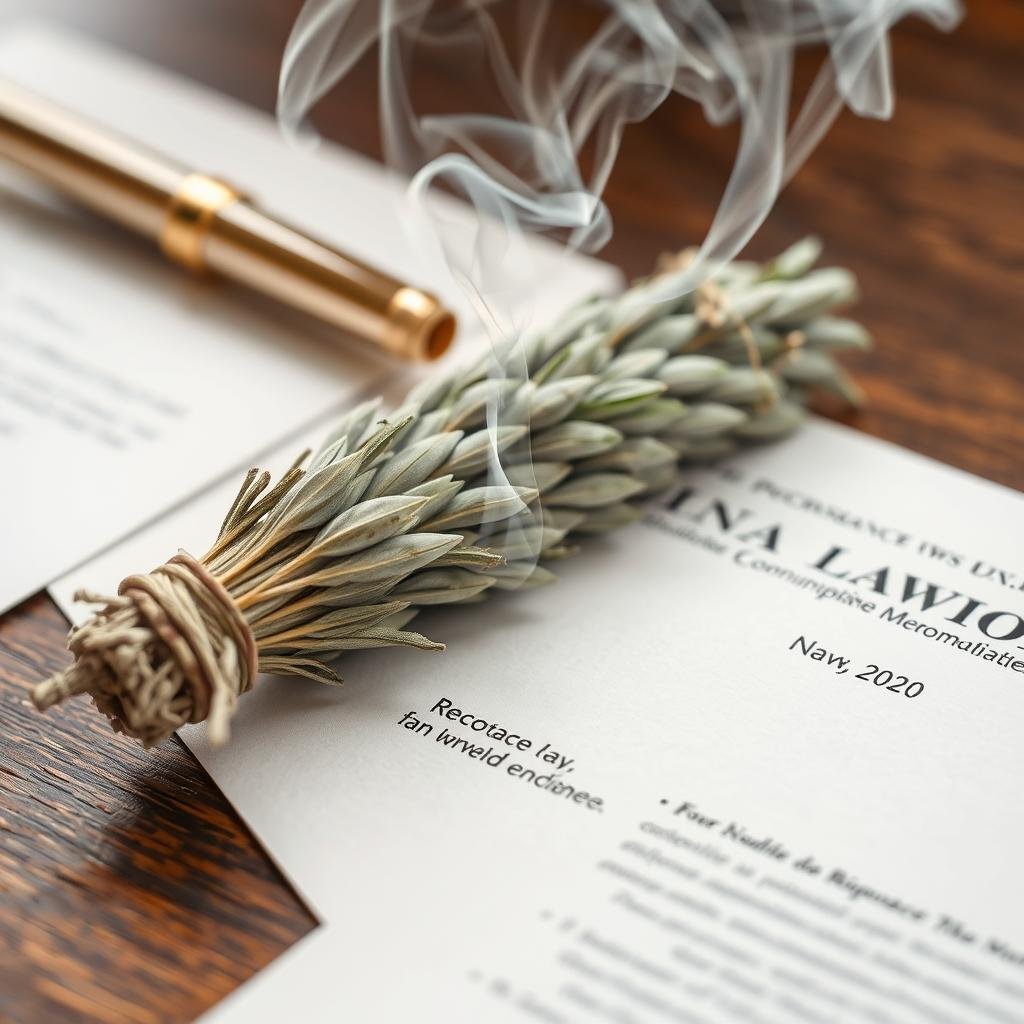 Sage smudging ritual to clear negative energy from legal documents