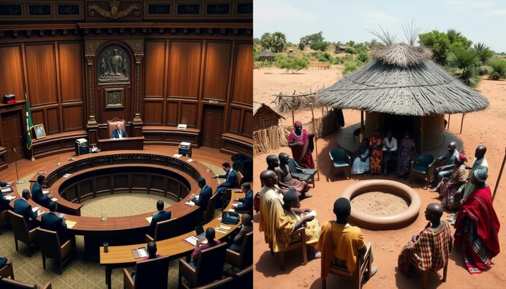 Side-by-side comparison of Western courtroom and African traditional dispute resolution setting