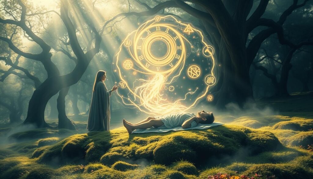 Soft ethereal light bathes a tranquil forest glade, where a figure in flowing robes stands amidst a swirling vortex of energy. Wisps of healing magic radiate from their outstretched hands, enveloping a patient lying on a bed of moss. Glowing runes and symbols float in the air, imbuing the scene with an aura of mystical power. In the background, ancient trees sway gently, their branches casting dappled shadows. The overall atmosphere is one of serene, restorative magic. Signature: Dr Kabonge