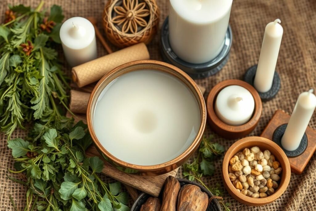 Spiritual cleansing ritual with herbs and sacred water