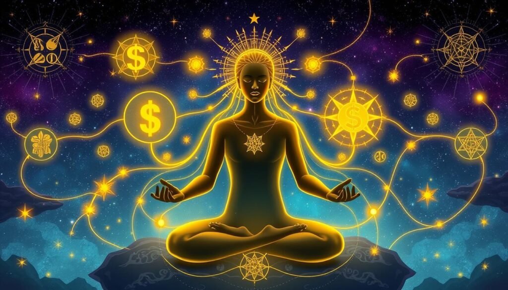 Spiritual energy flowing between a person and money symbols, representing manifestation principles