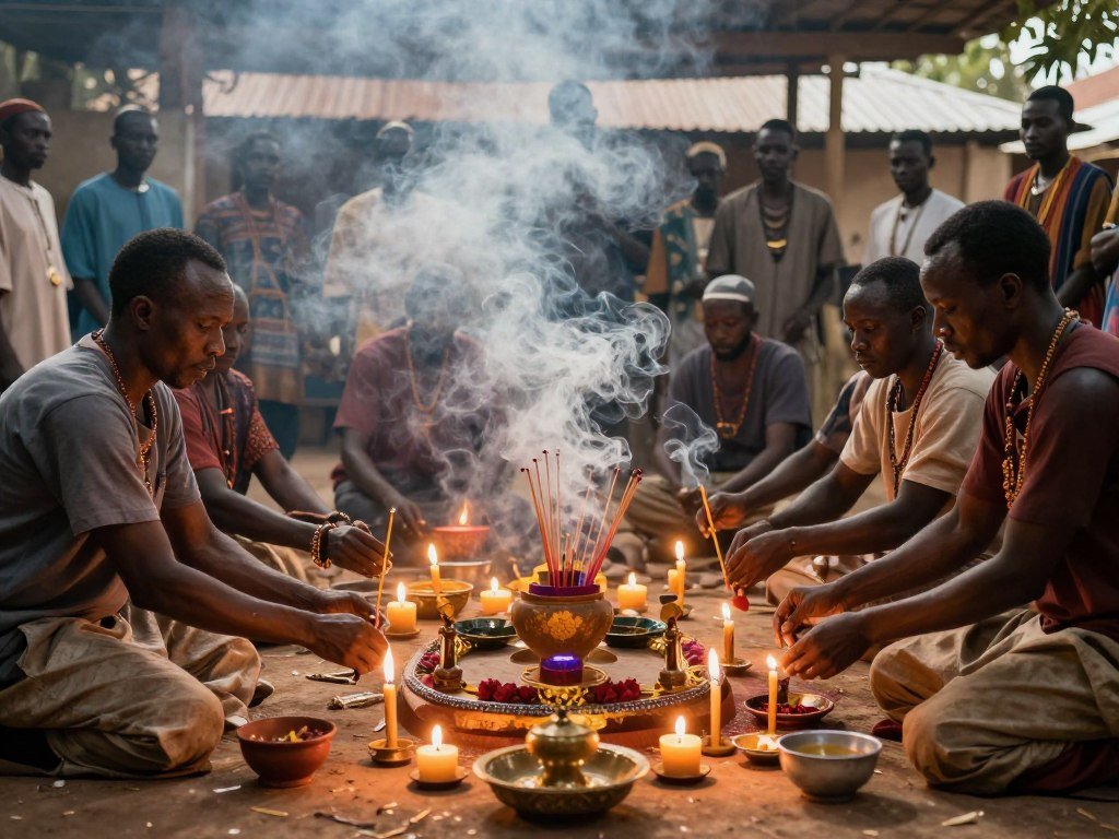 Spiritual ritual in progress showing concentrated energy work