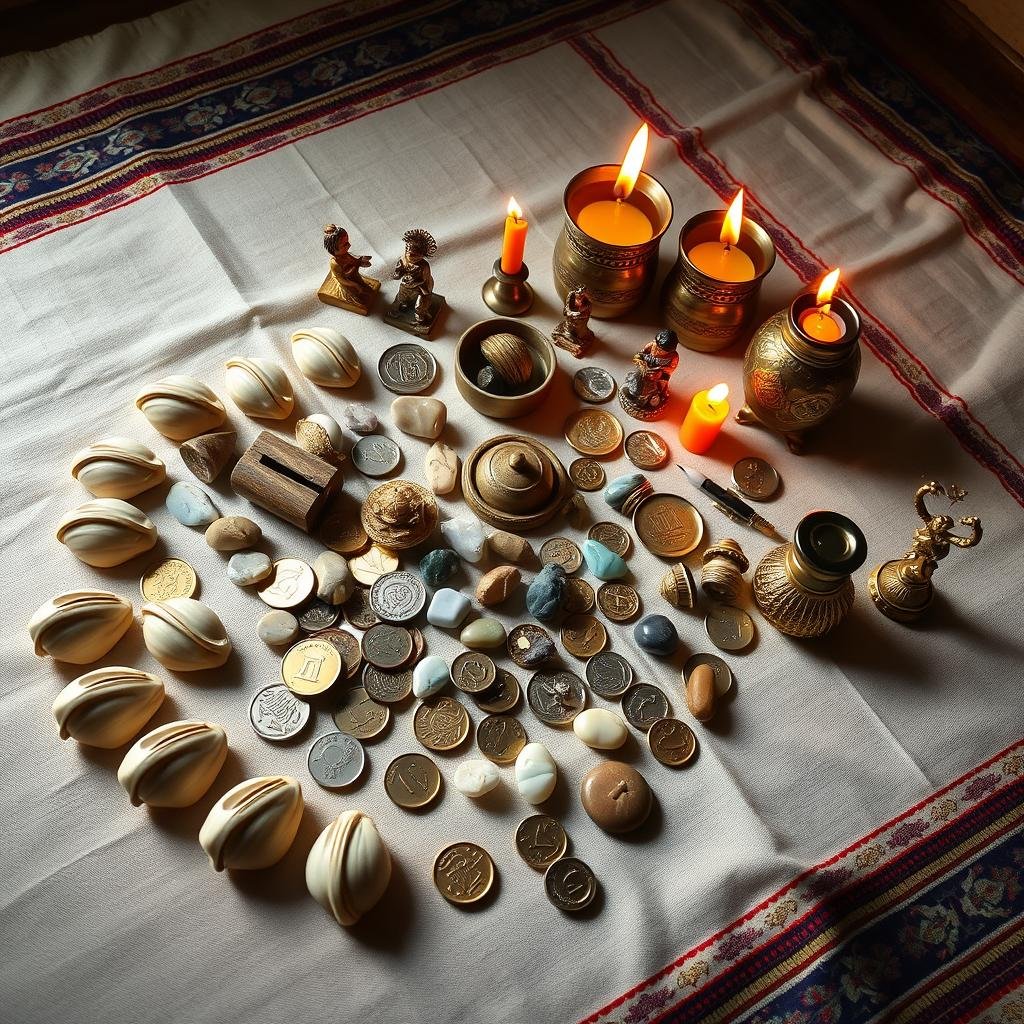 Symbolic objects used in money rituals by African witch doctors