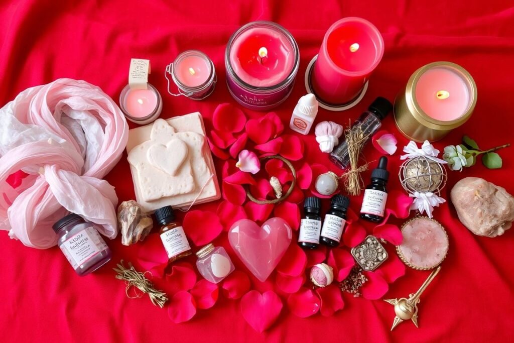 Symbolic representation of Dr Kabonge's love ritual materials including candles, rose petals, and special herbs