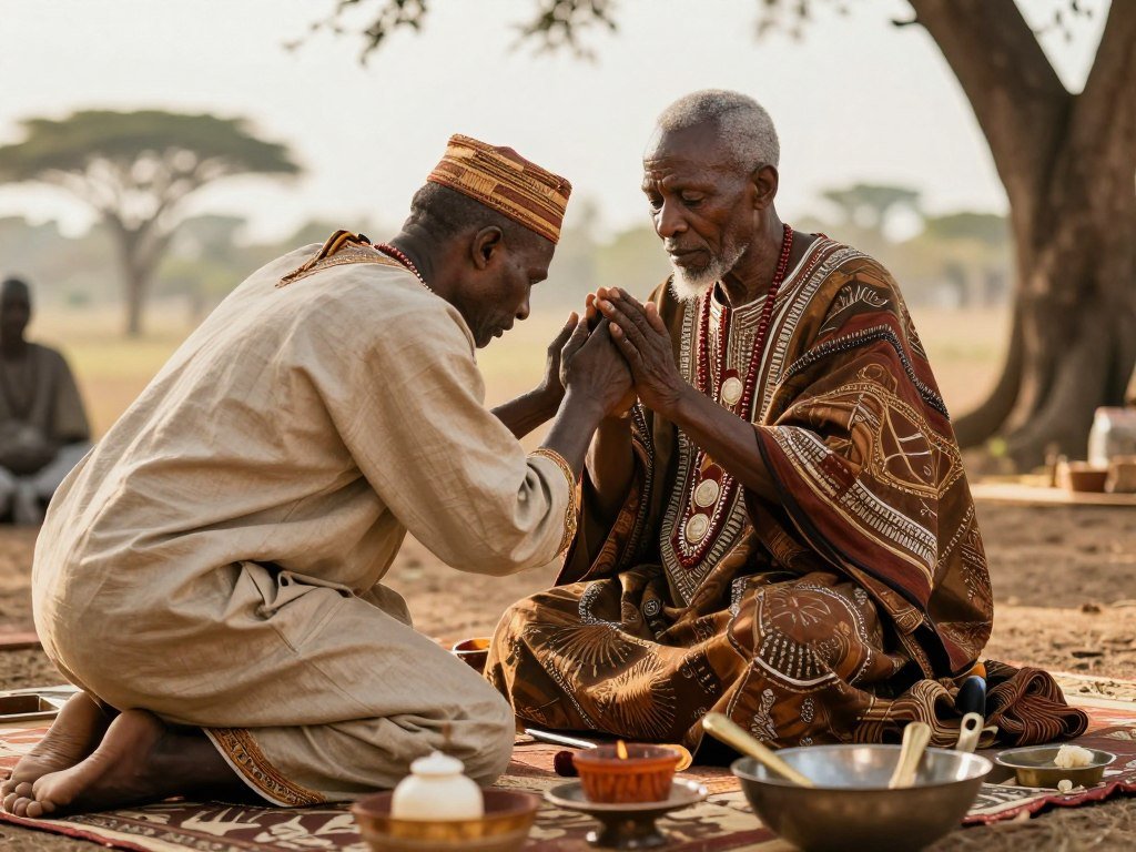 Traditional African elder performing business blessing ritual with ceremonial tools