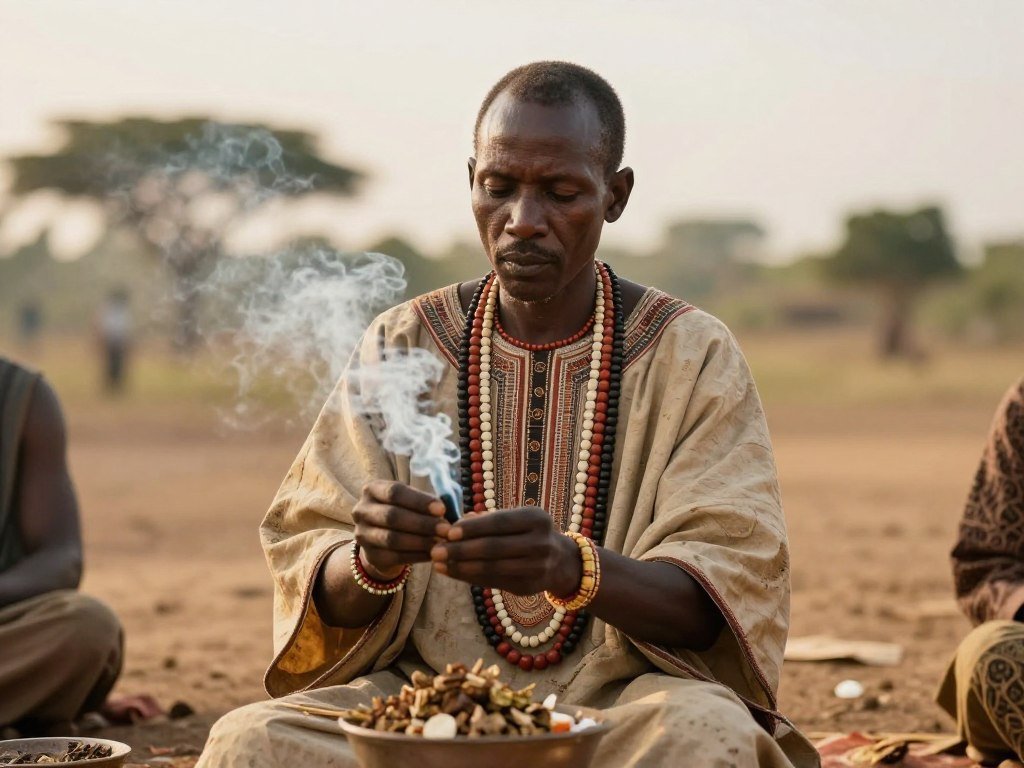 Traditional African healer in ceremonial attire performing ancestral rituals