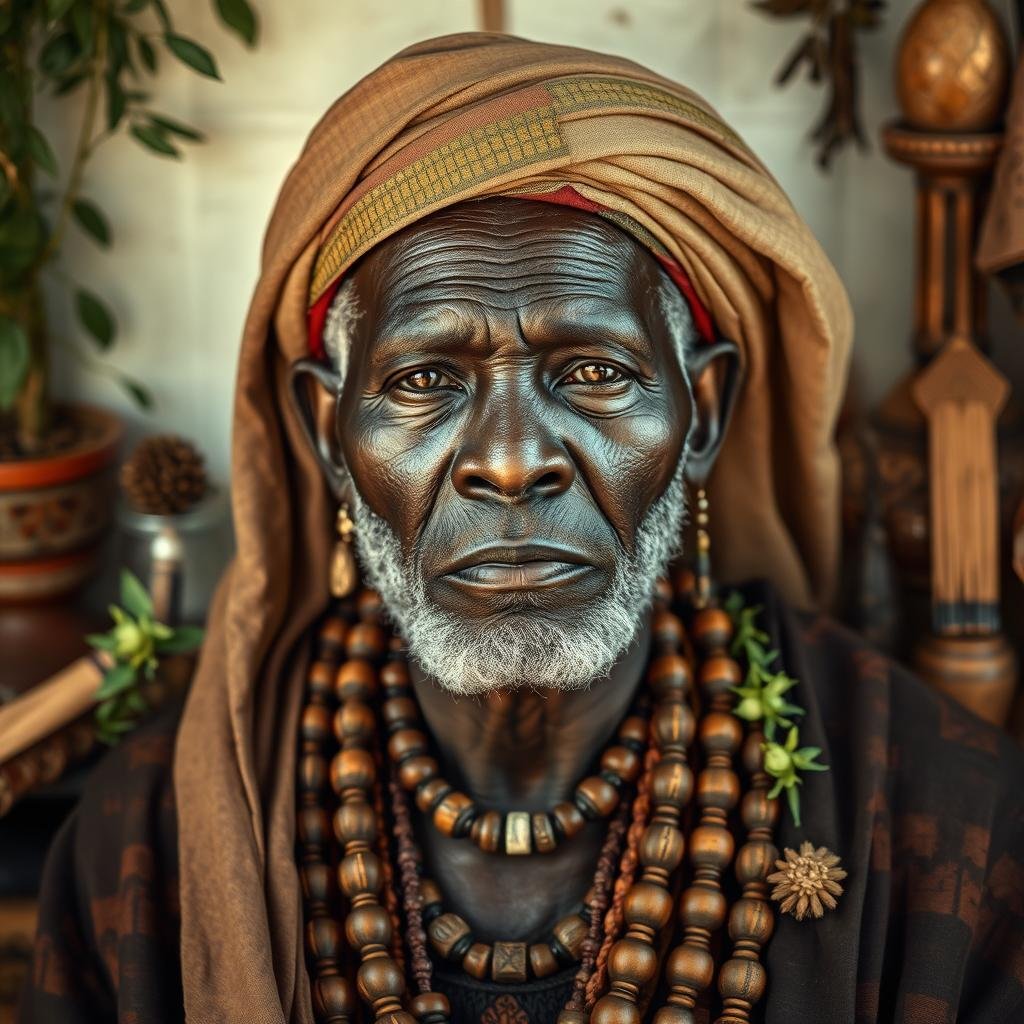 Traditional African healer with ceremonial items and herbs