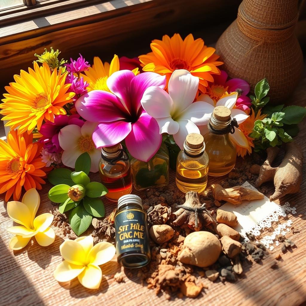Traditional African love potion ingredients including flowers and herbs