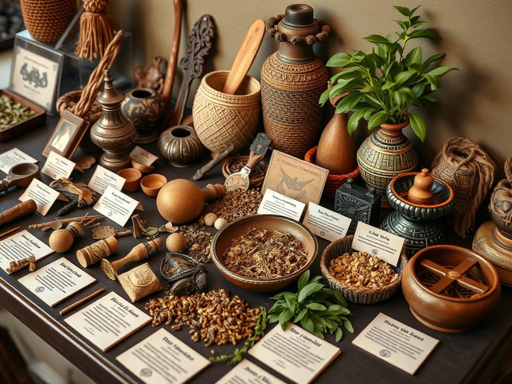 Traditional African spiritual items displayed respectfully with educational context