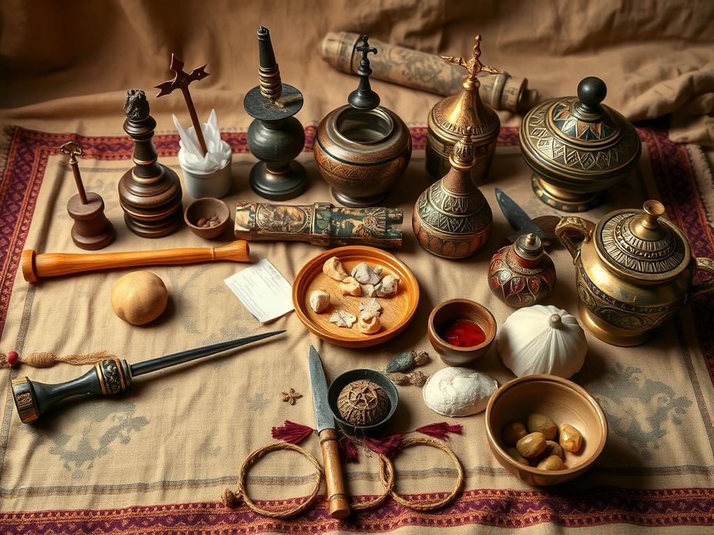 Traditional African spiritual items representing the heritage of money spell practices