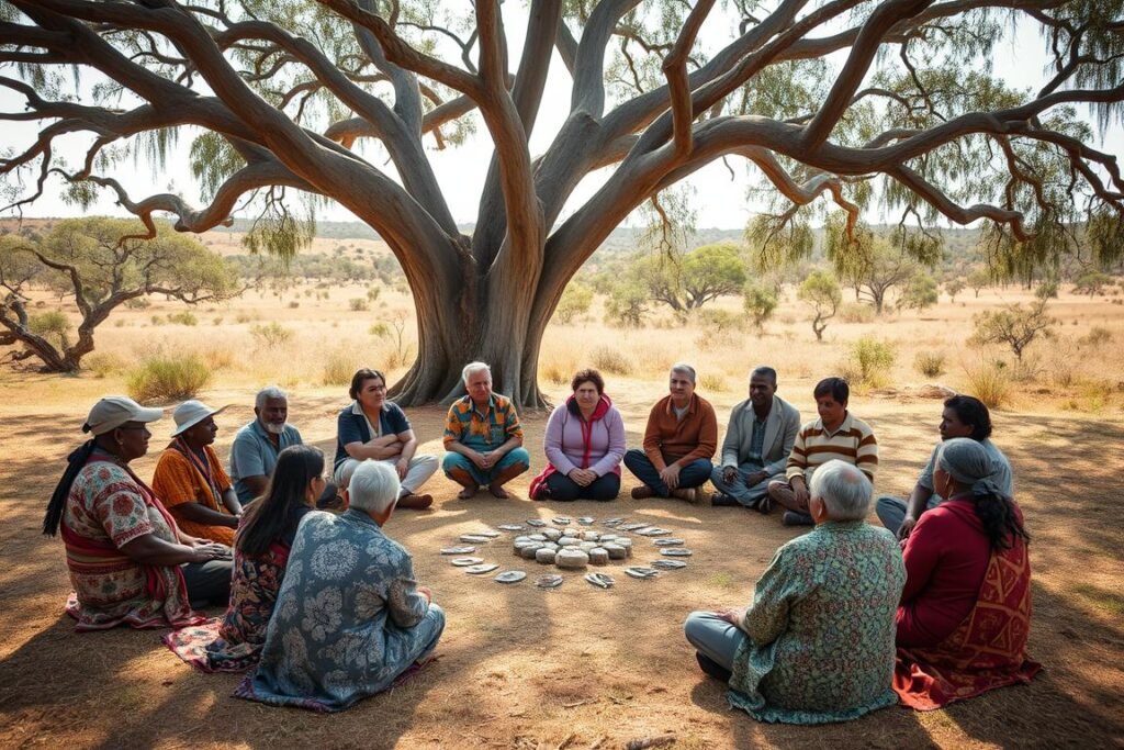 Traditional Indigenous mediation circle for land dispute resolution in Australia