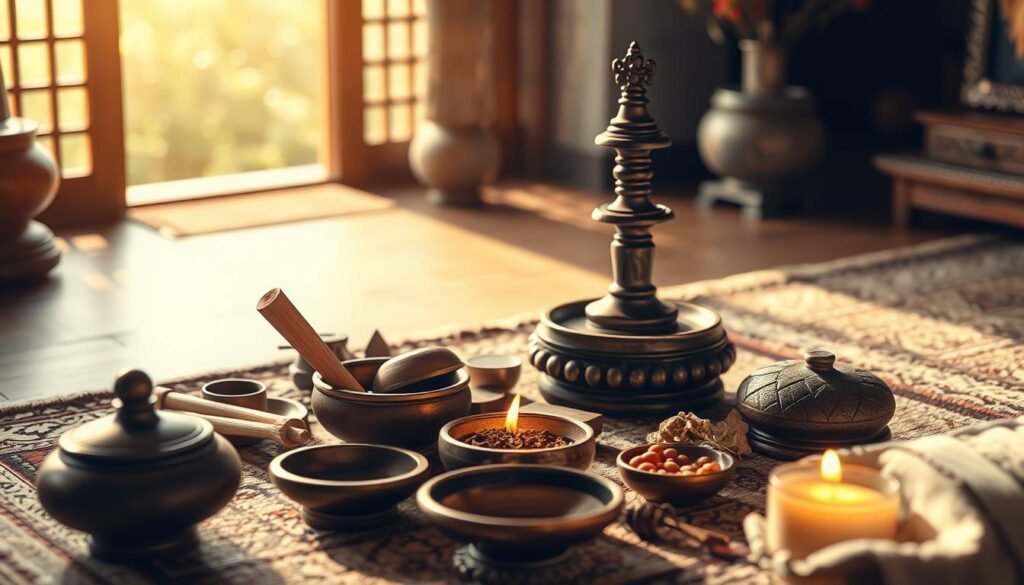 Traditional and modern spiritual ritual elements blending together harmoniously