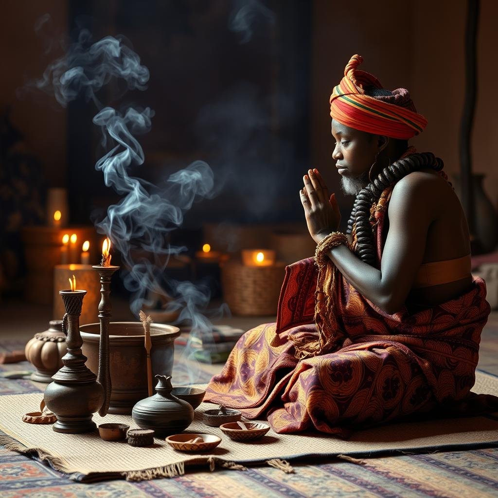 Traditional healer performing ancestral invocation ceremony