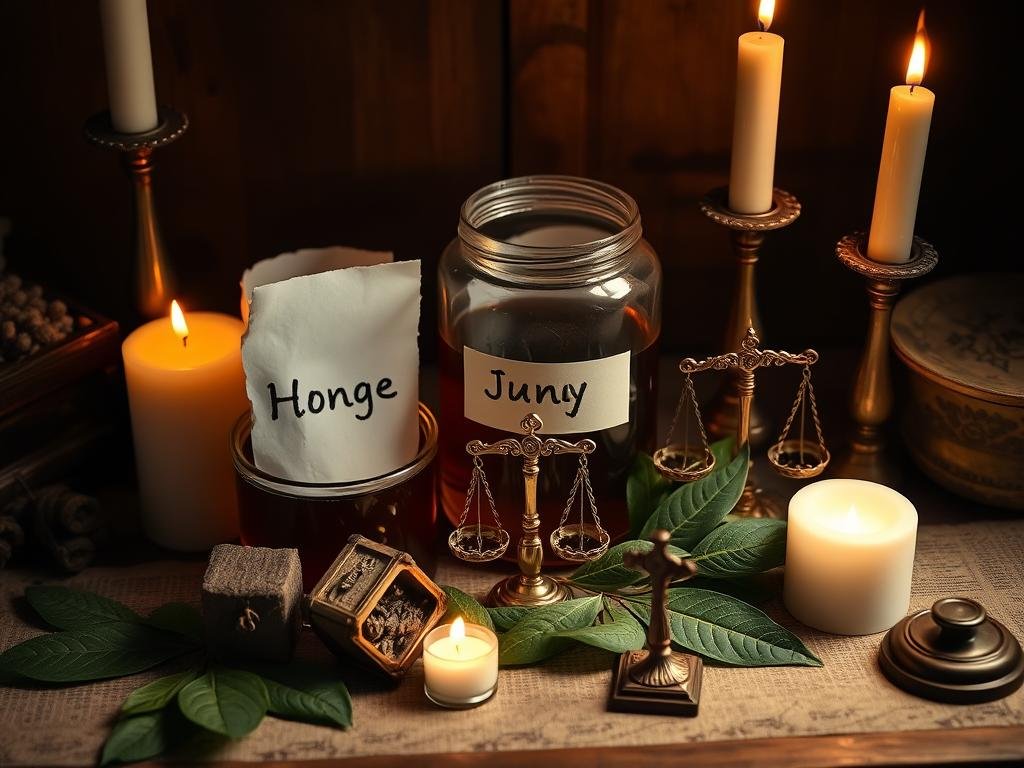 Traditional hoodoo altar setup for Court Cases Solving Spell with honey jar