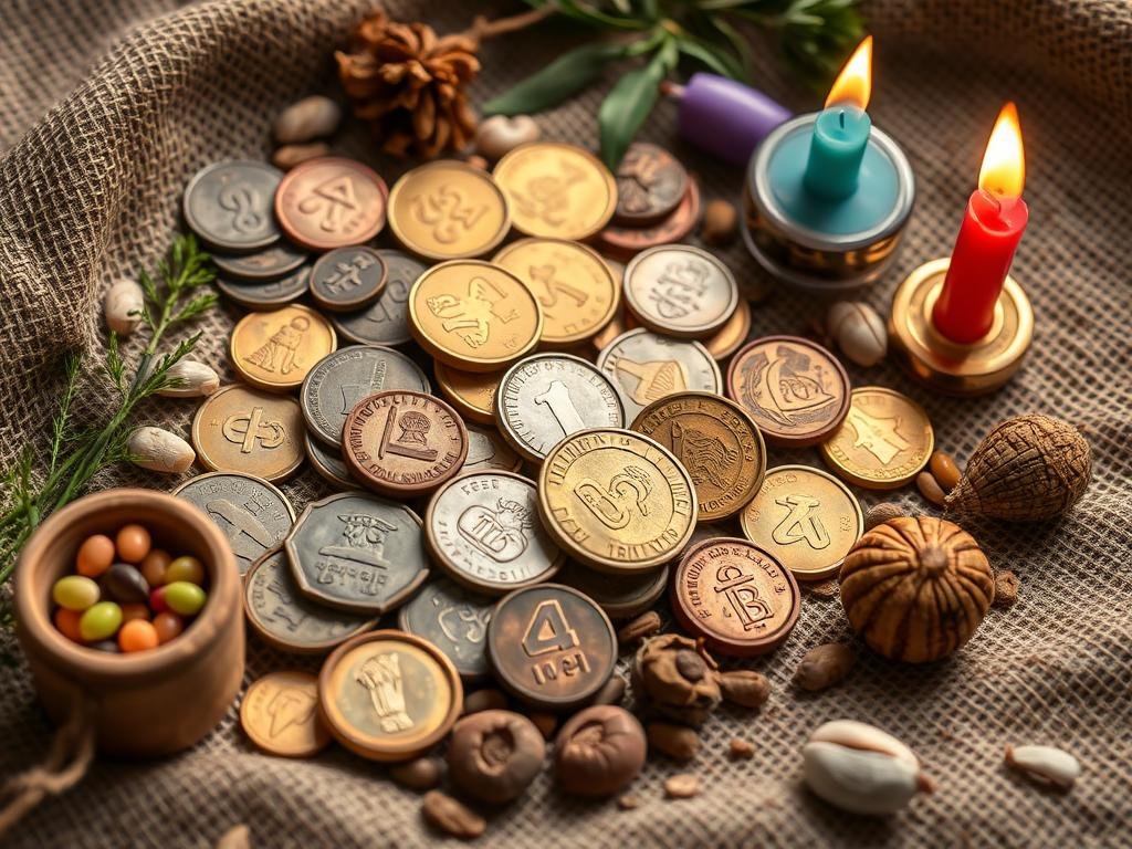Traditional money ritual items including coins, herbs, and candles used by a Witch Doctor From Africa Money Spell Caster