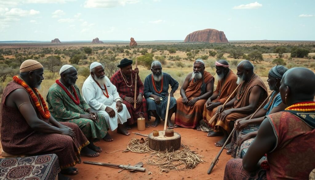 Traditional negotiation ceremony for land disputes in Aboriginal Australia