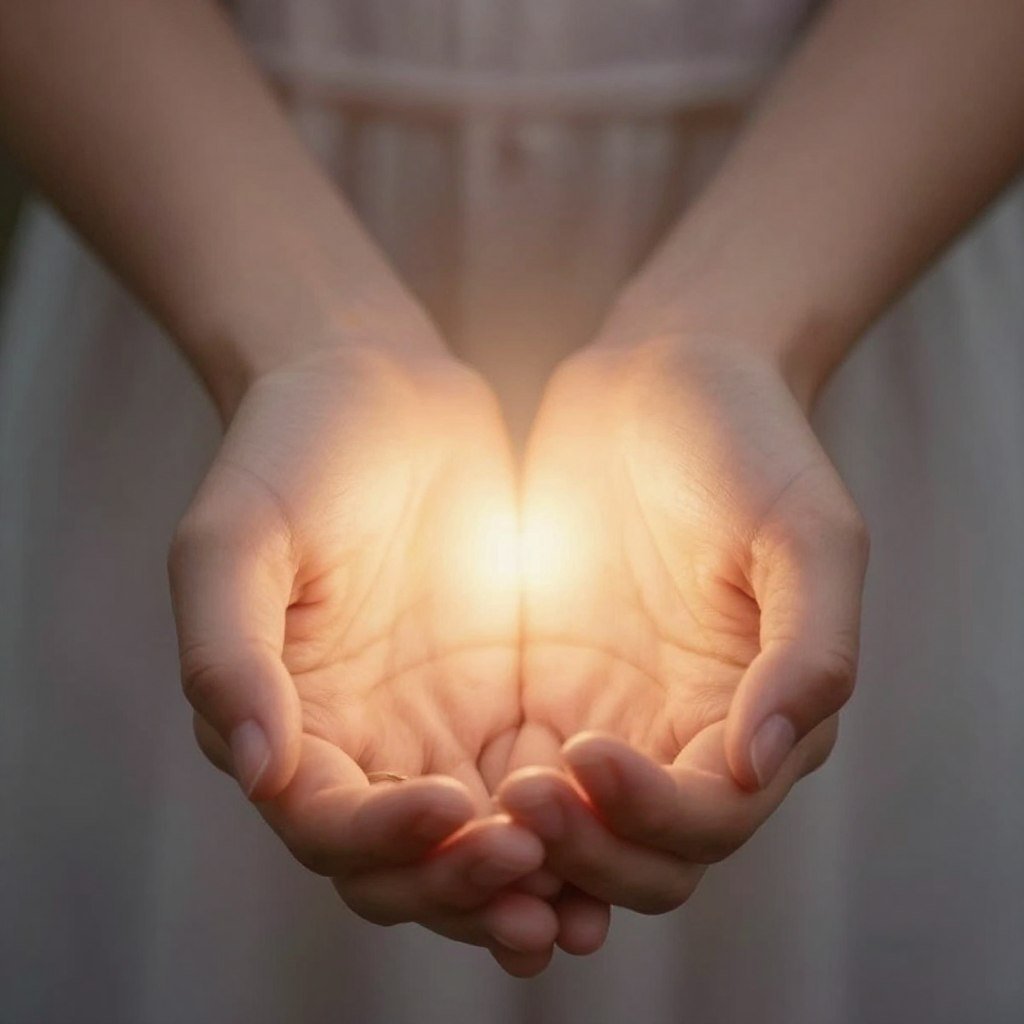 Two hands holding with spiritual energy visualization