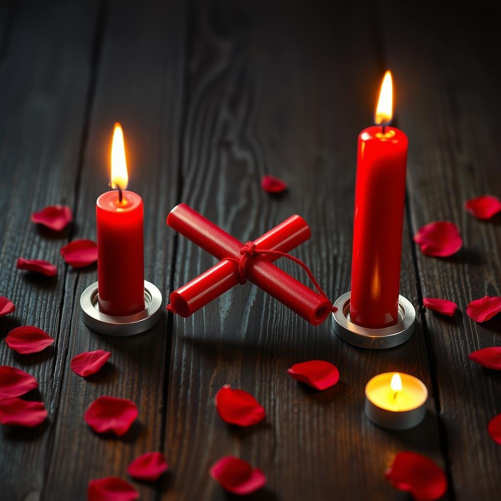 Two red candles connected by a red string symbolizing a love binding spell