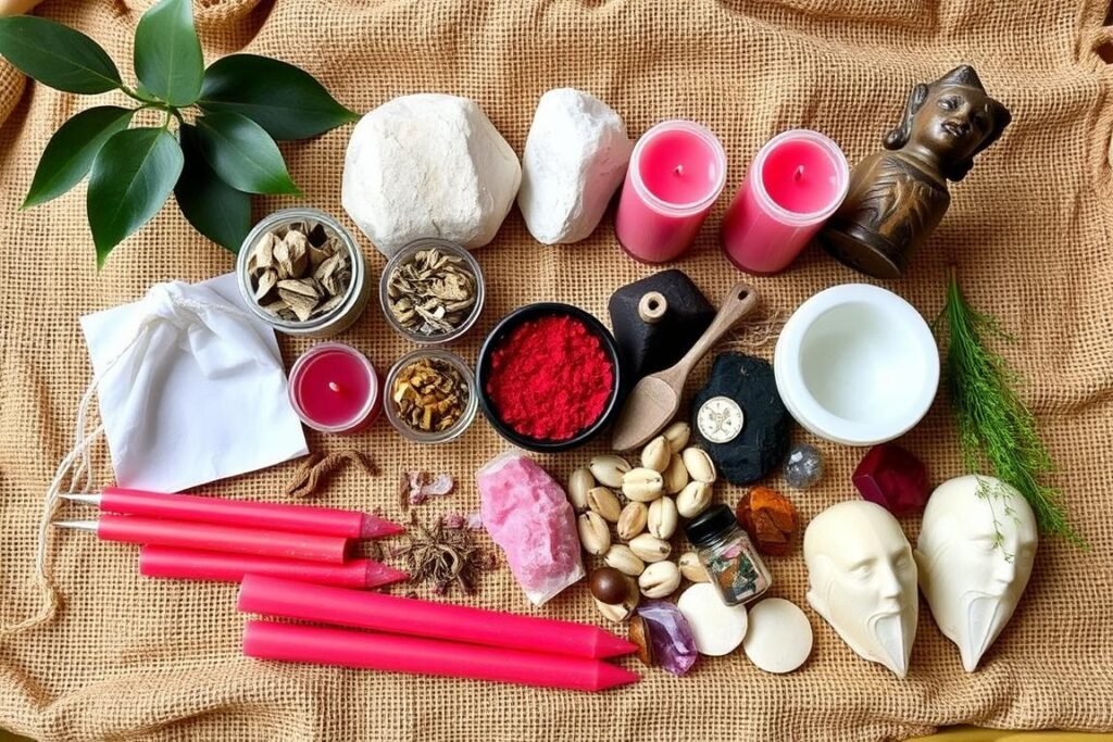 Various ritual items used by a love spell caster from Africa in USA including candles, herbs, and symbolic objects