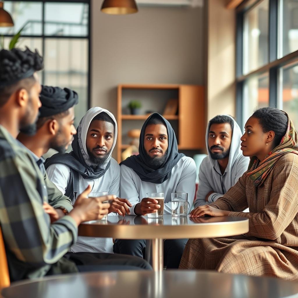Young Sudanese students discussing traditional practices in a modern setting