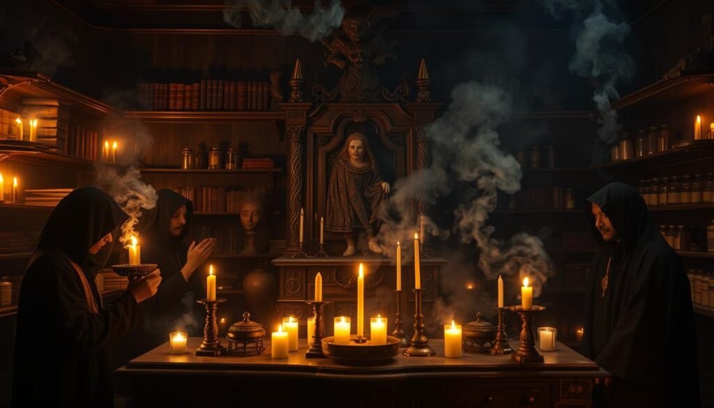 practitioner altar with candles and veves – powerful voodoo spells